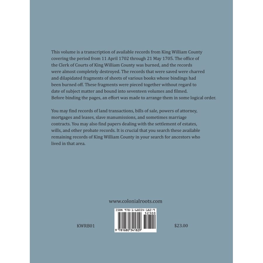 King William County, Virginia Record Book Abstracts 1702-1705 back cover