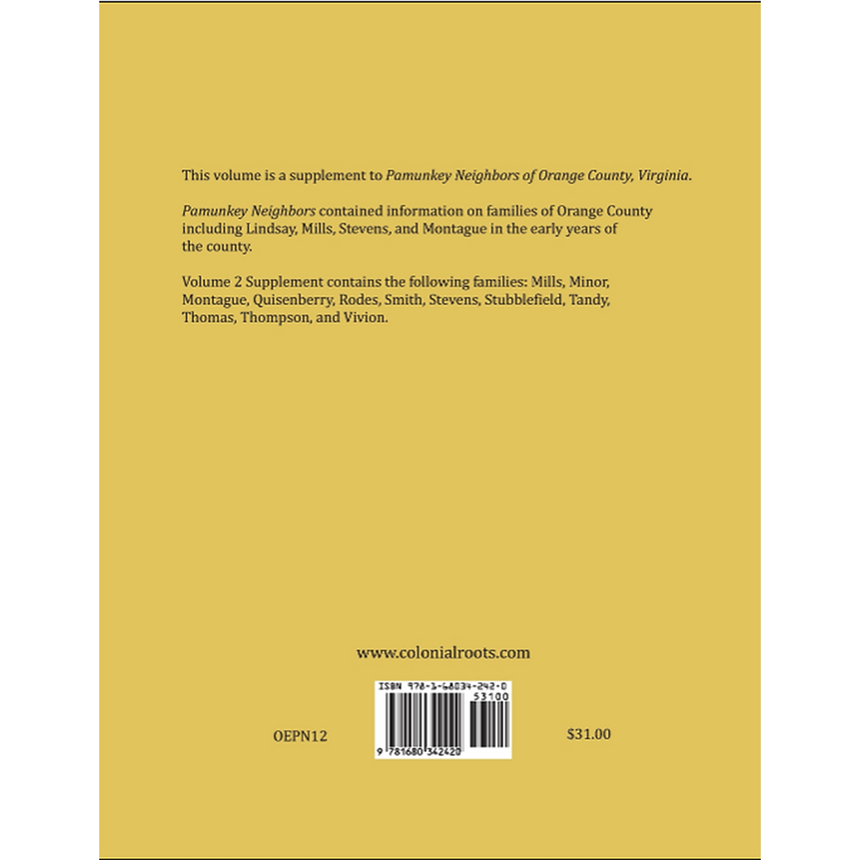 A Supplement to Pamunkey Neighbors of Orange County, Virginia: Volume 2 back cover