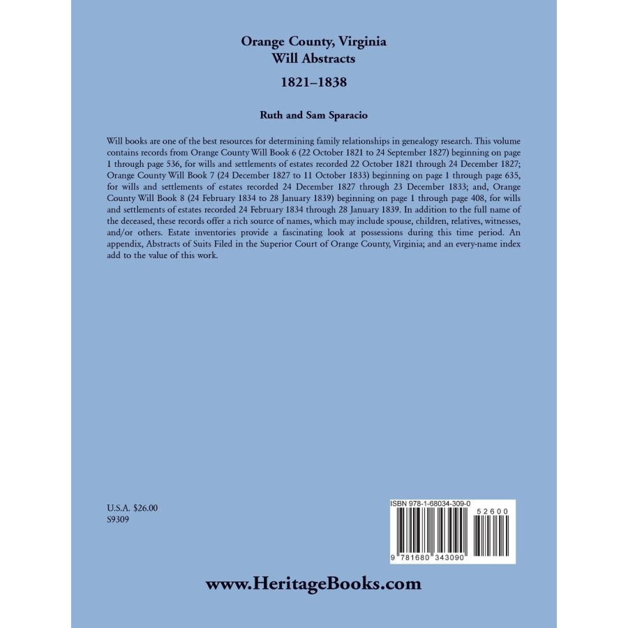 Orange County, Virginia Will Book Abstracts, 1821-1838 back cover