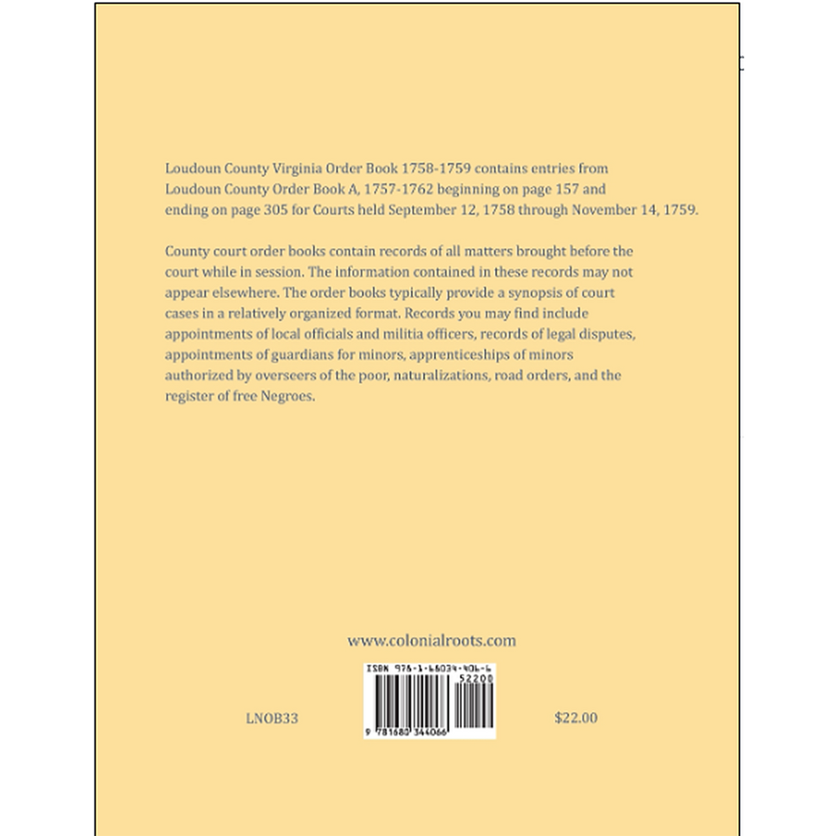Loudoun County, Virginia Order Book Abstracts, 1758-1759 back cover