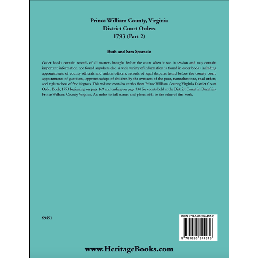 Prince William County, Virginia District Court Orders, 1793 (Part 2) back cover