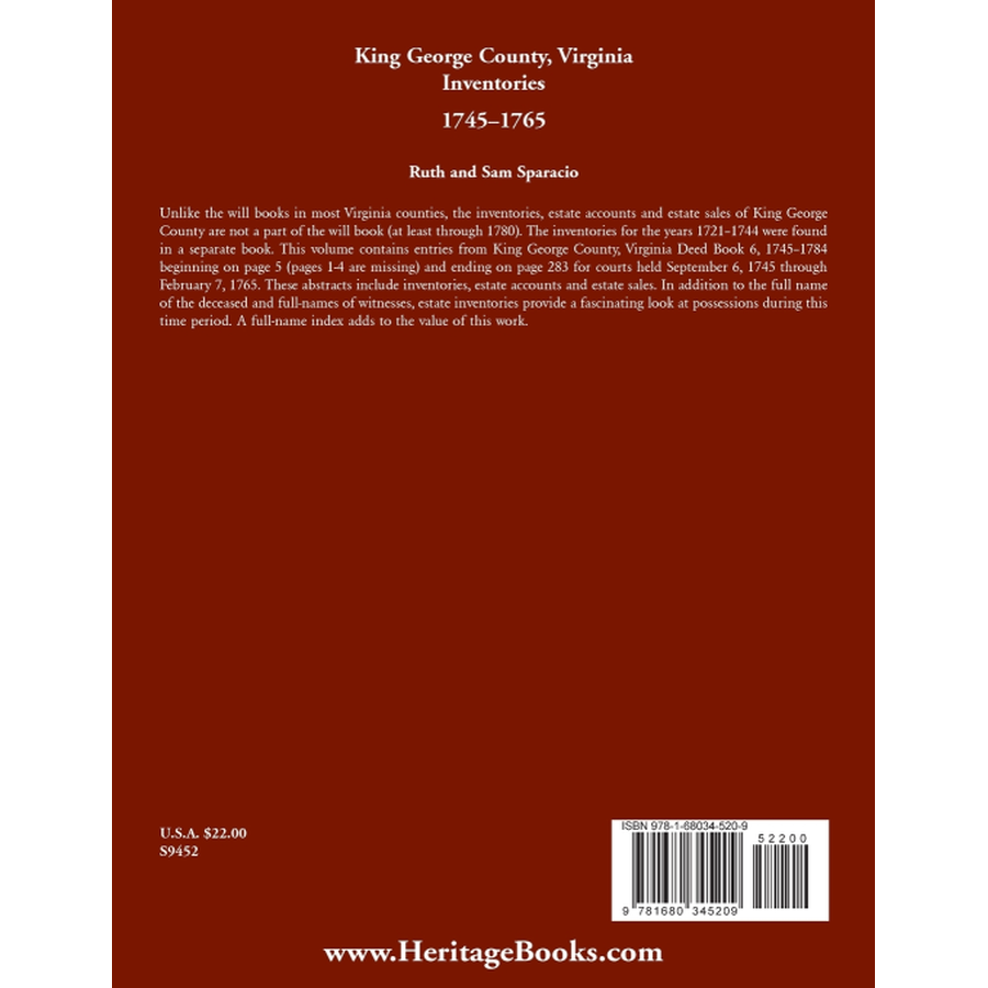 back cover of King George County, Virginia Inventories, 1745-1765