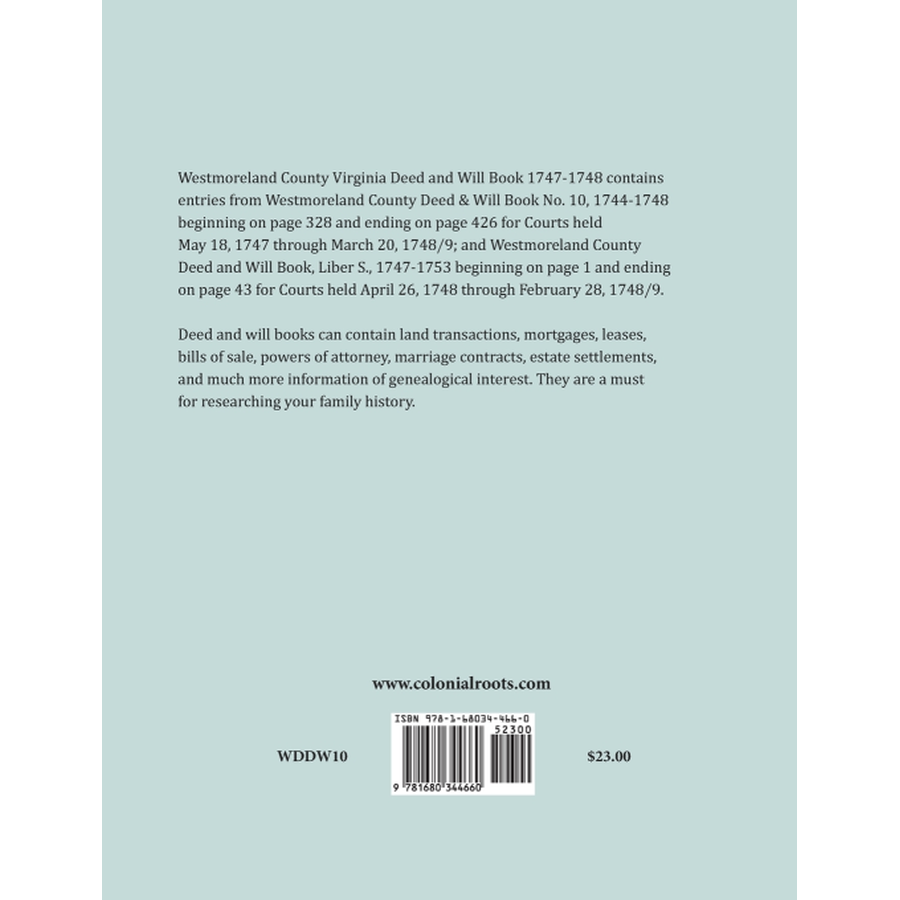 Westmoreland County, Virginia Deed and Will Book Abstracts 1747-1748 back cover