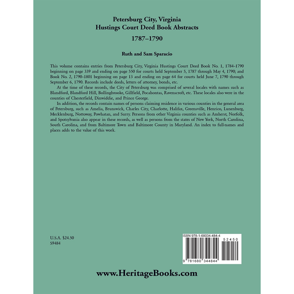 Petersburg City, Virginia Hustings Court Deed Book, 1787-1790 back cover