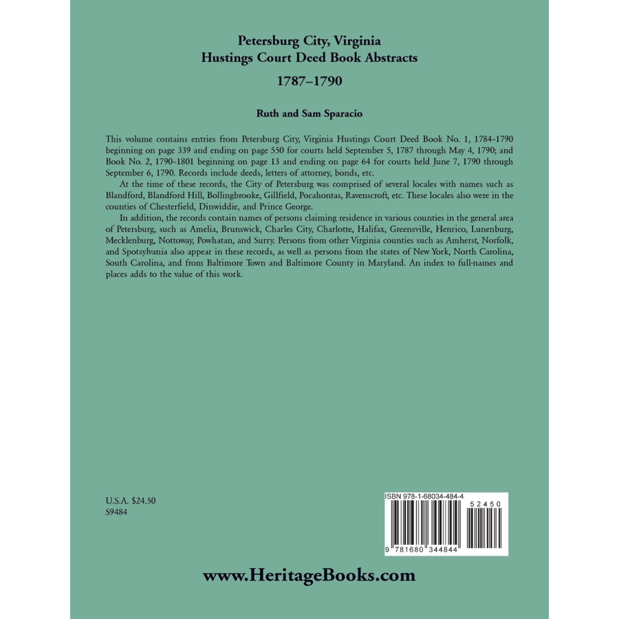 Petersburg City, Virginia Hustings Court Deed Book, 1787-1790 back cover