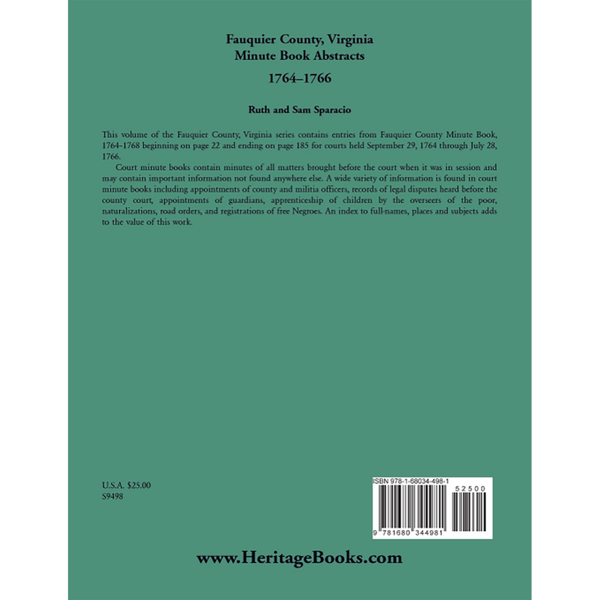 Fauquier County, Virginia Minute Book Abstracts 1764-1766 back cover