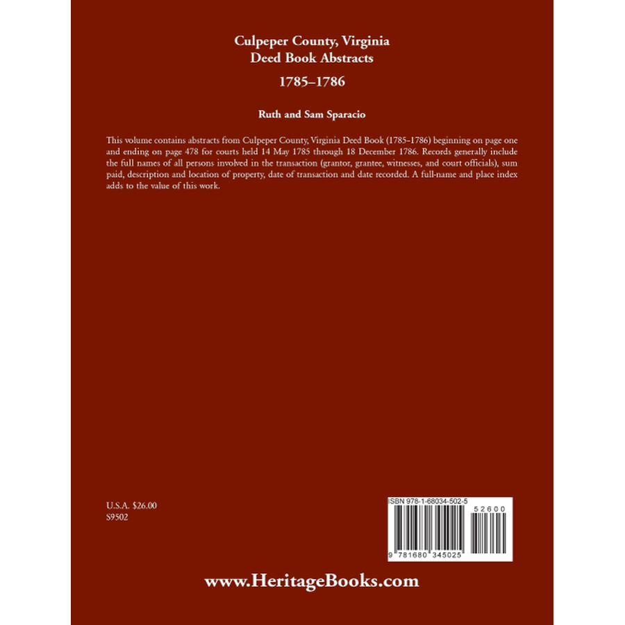 Culpeper County, Virginia Deed Book Abstracts 1785-1786 back cover
