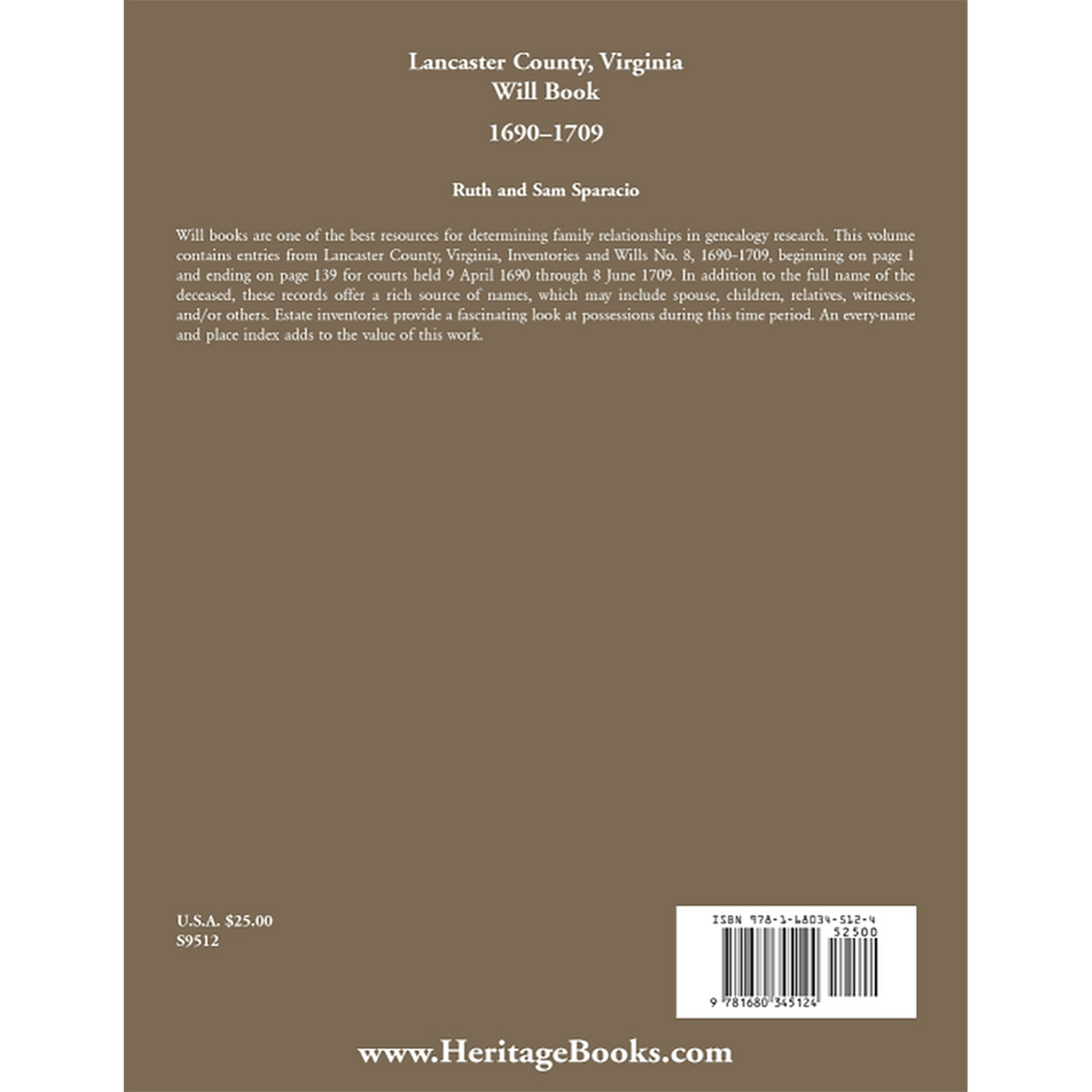 Lancaster County, Virginia Will Abstracts 1690-1709 back cover