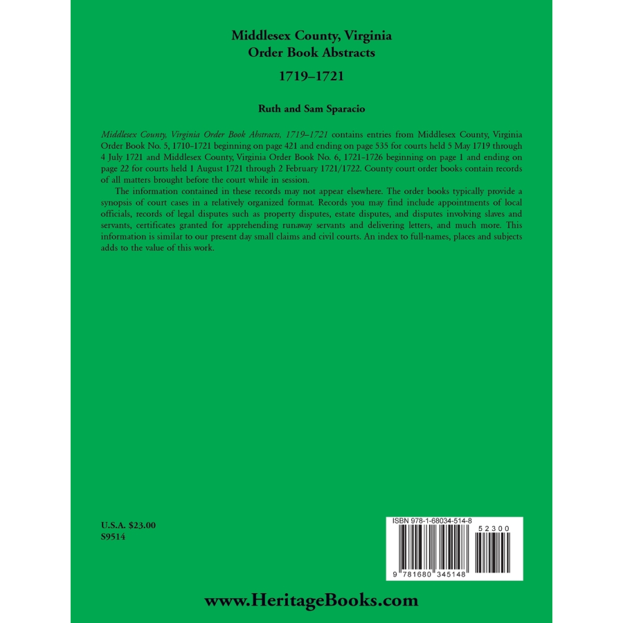 Middlesex County, Virginia Order Book Abstracts, 1719-1721 back cover