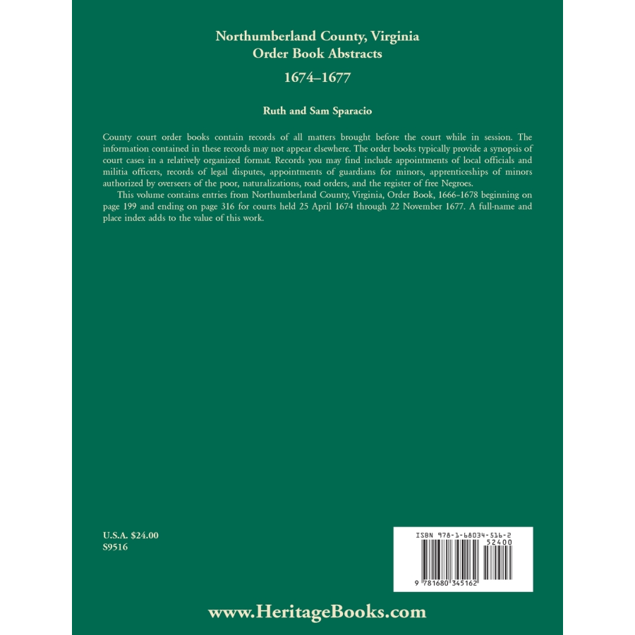 Northumberland County, Virginia Order Book Abstracts, 1674-1677 back cover