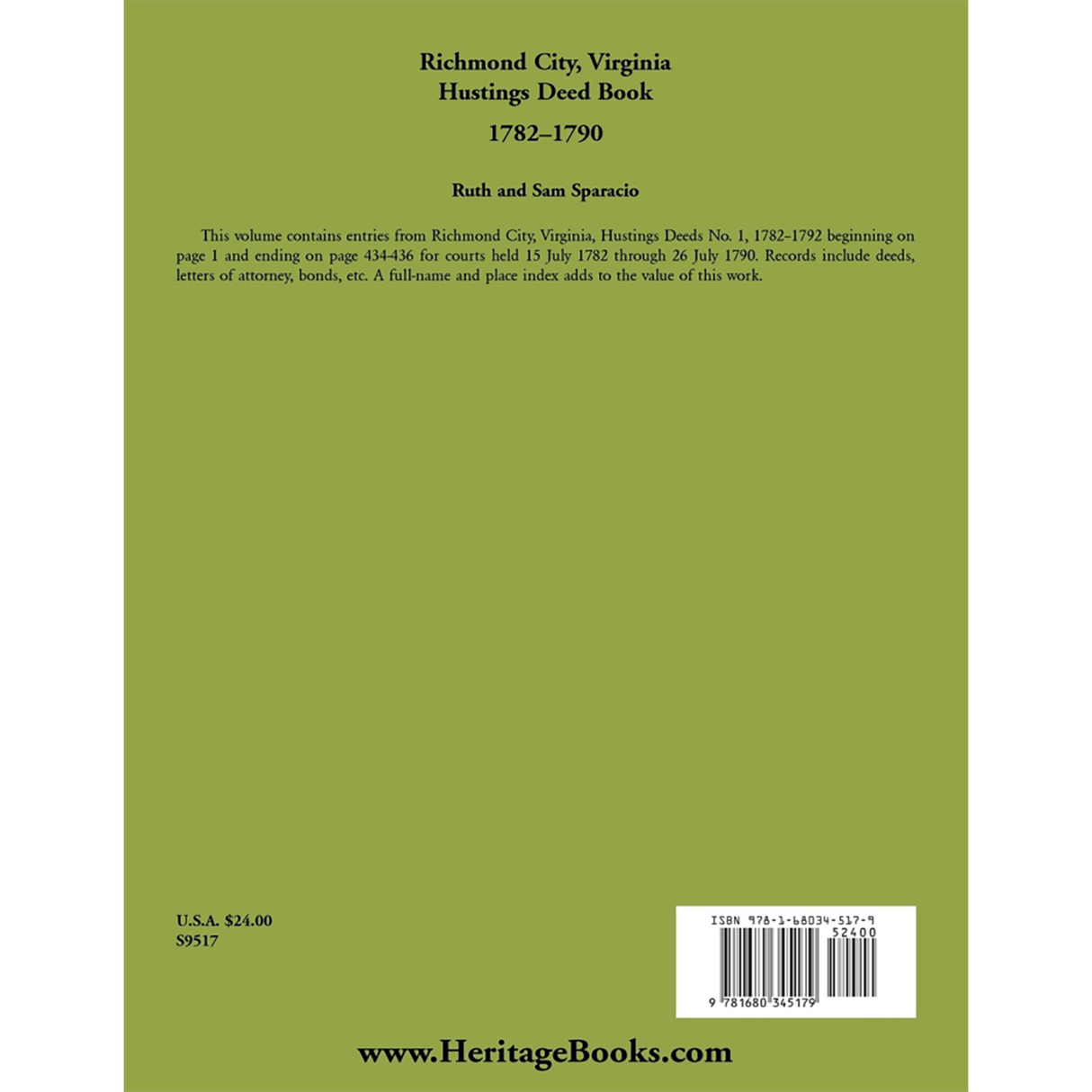 Richmond City, Virginia Hustings Deed Book Abstracts, 1782-1790 back cover
