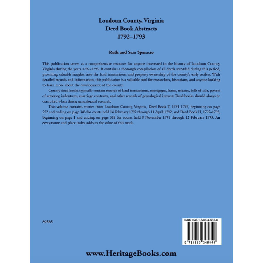 Loudoun County, Virginia Deed Book Abstracts, 1792-1793 back cover