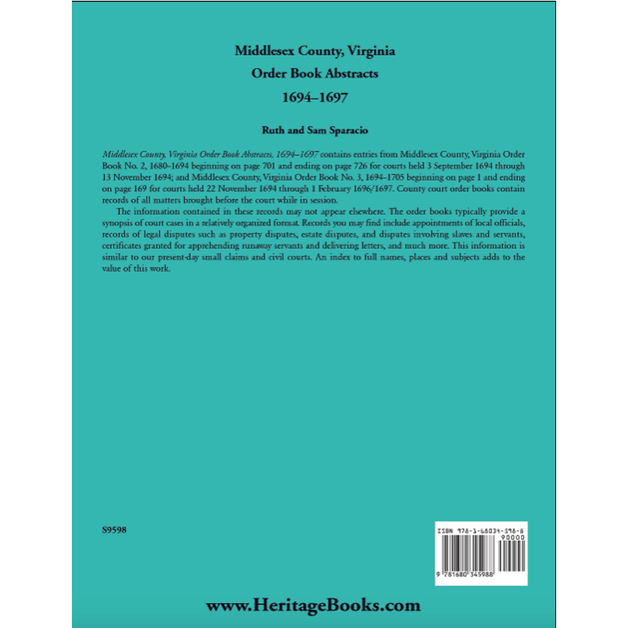 Middlesex County, Virginia Order Book Abstracts, 1694-1697 back cover