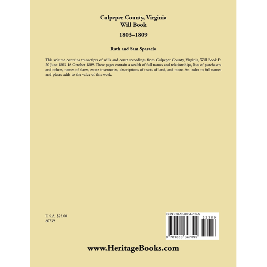 Culpeper County, Virginia Will Book, 1803-1809 back cover