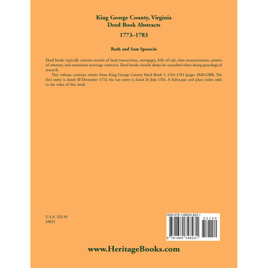 back cover of King George County, Virginia Deed Abstracts, 1773-1783