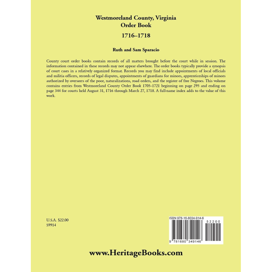 Westmoreland County, Virginia Order Book Abstracts 1716-1718 back cover