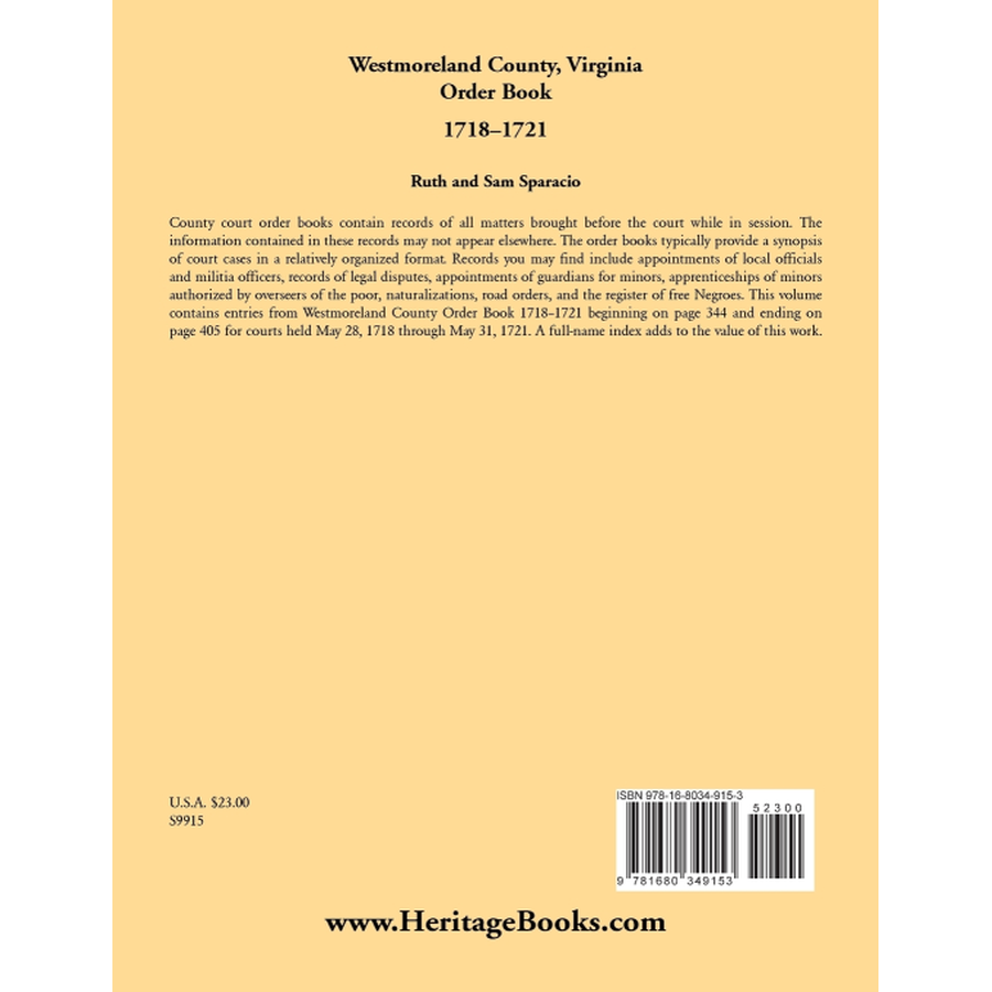 Westmoreland County, Virginia Order Book Abstracts 1718-1721 back cover
