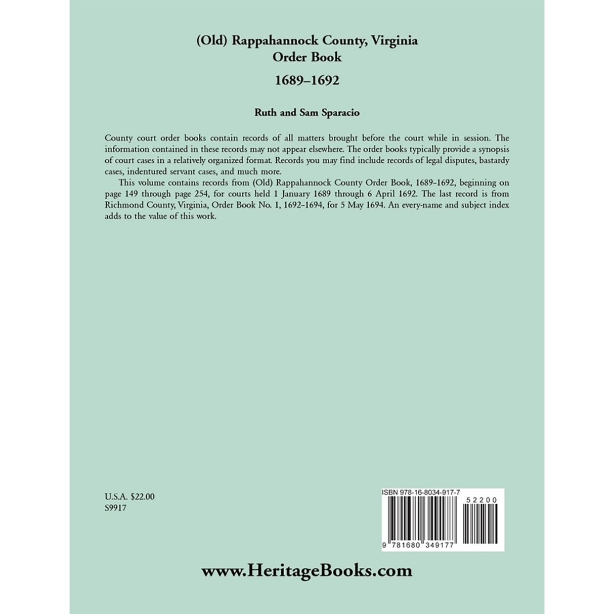 (Old) Rappahannock County, Virginia Order Book Abstracts, 1689-1692 back cover