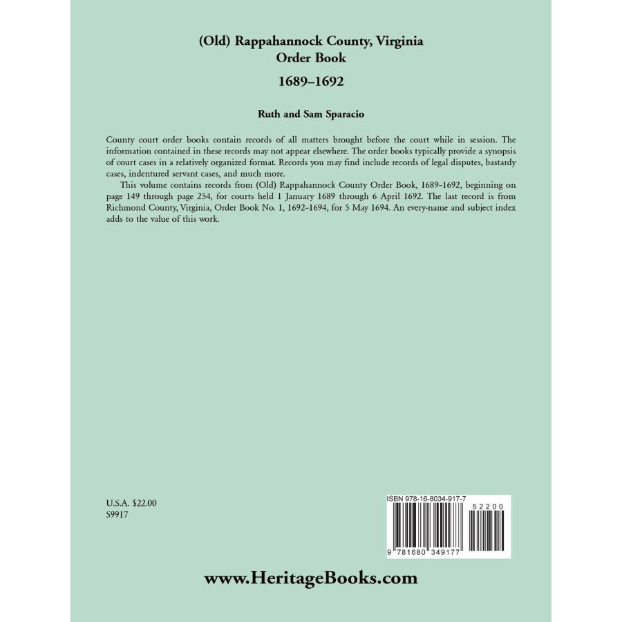 (Old) Rappahannock County, Virginia Order Book Abstracts, 1689-1692 back cover