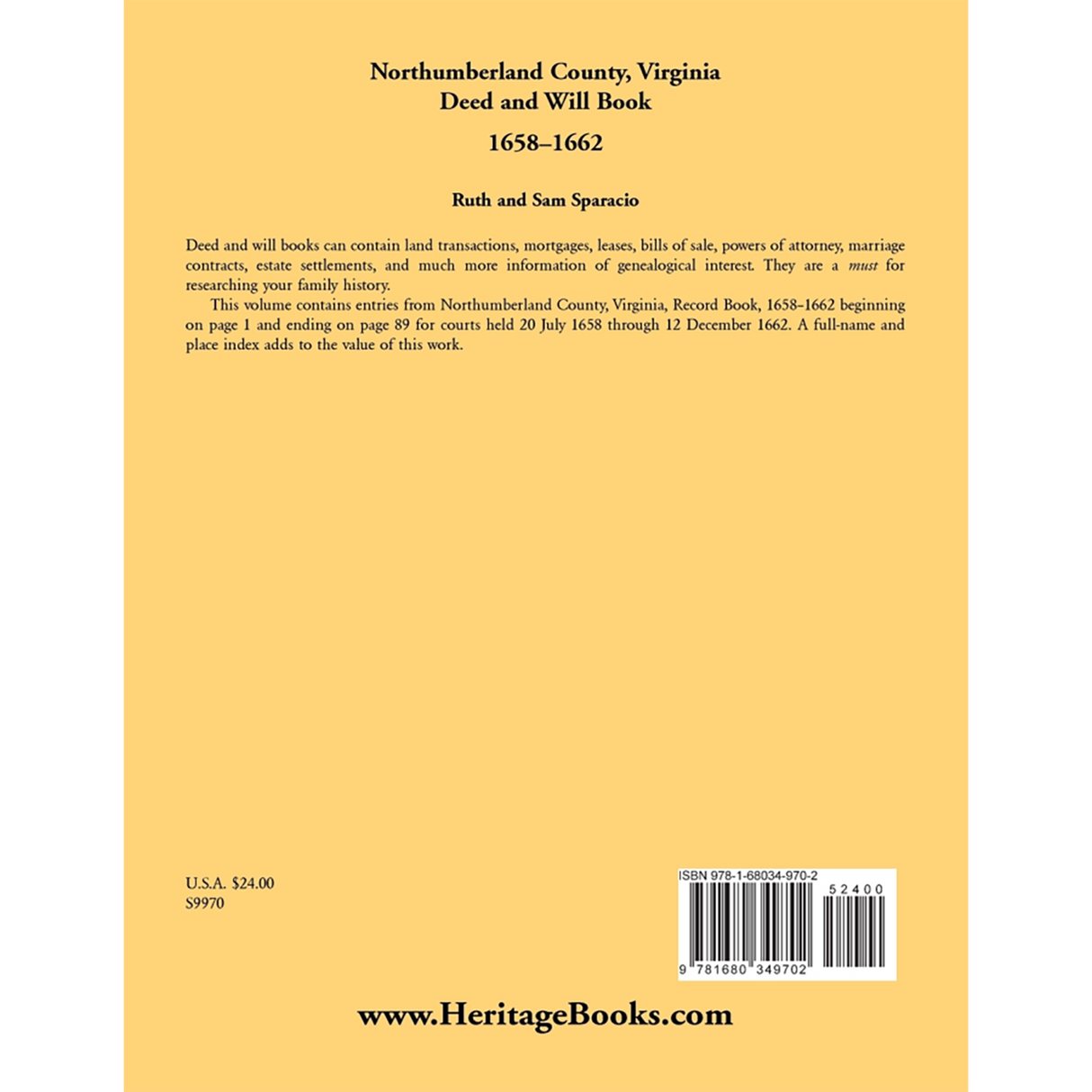 Northumberland County, Virginia Deed and Will Book Abstracts, 1658-1662 back cover