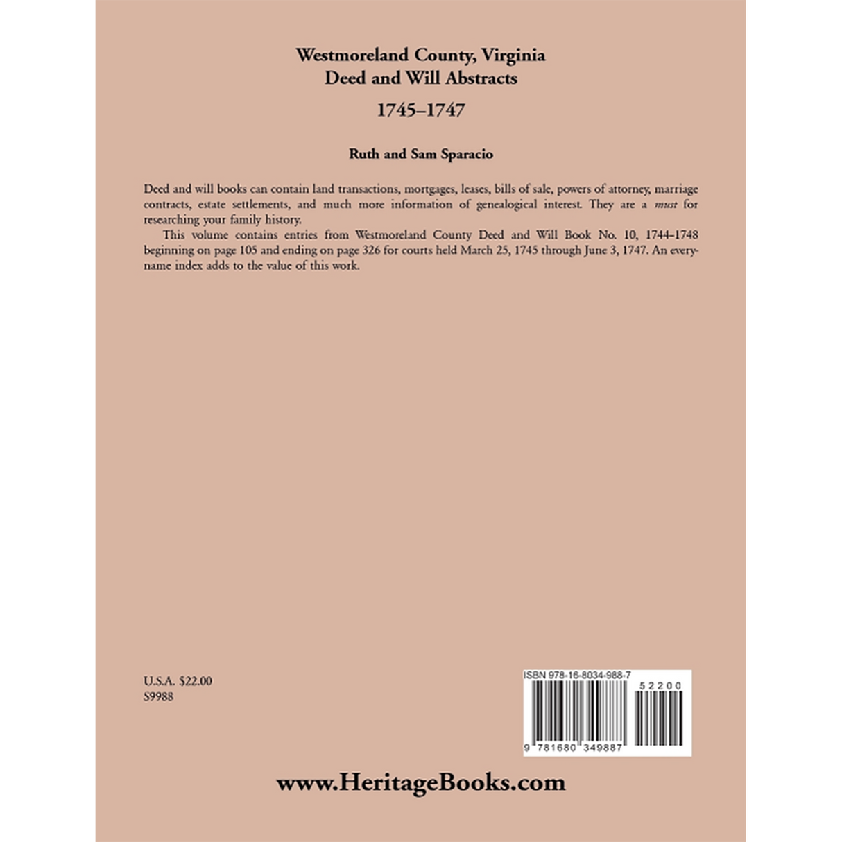 Westmoreland County, Virginia Deed and Will Book Abstracts 1745-1747 back cover