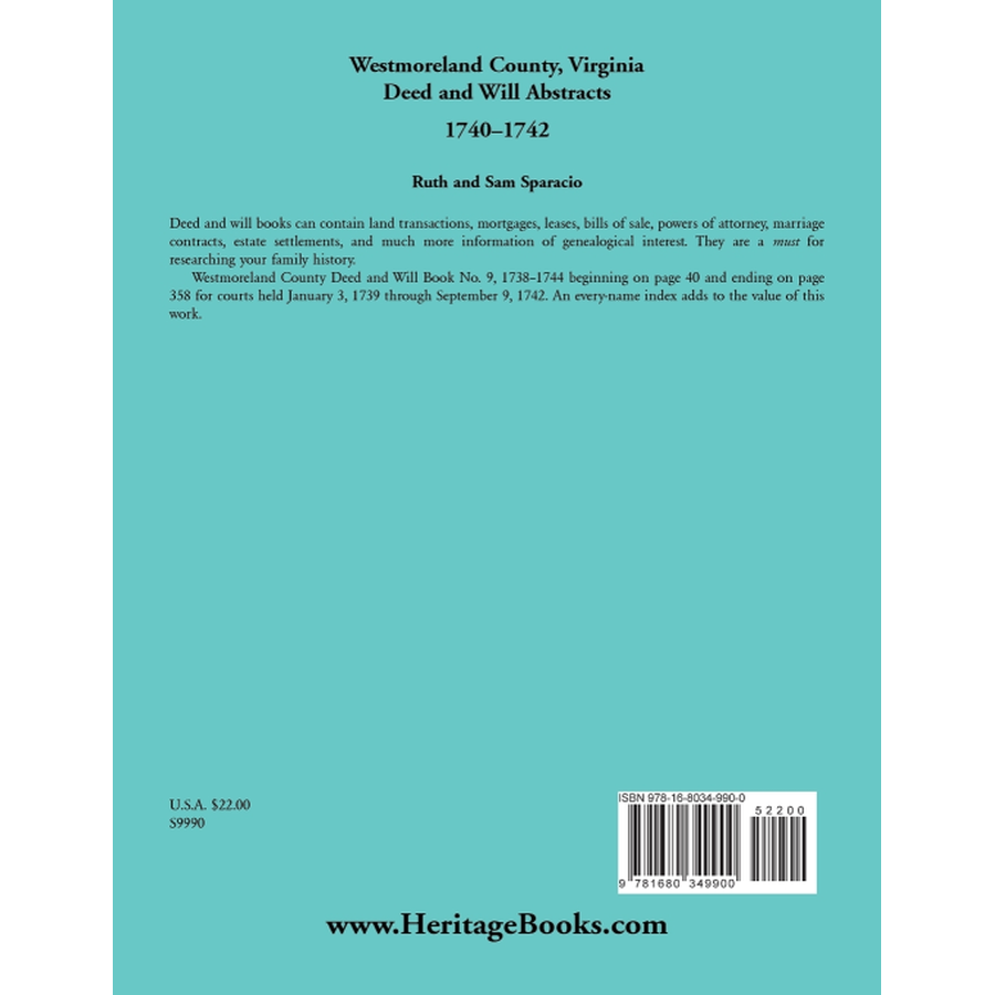 Westmoreland County, Virginia Deed and Will Book Abstracts 1740-1742 back cover