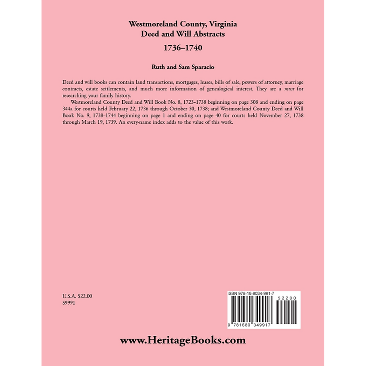 Westmoreland County, Virginia Deed and Will Book Abstracts 1736-1740 back cover