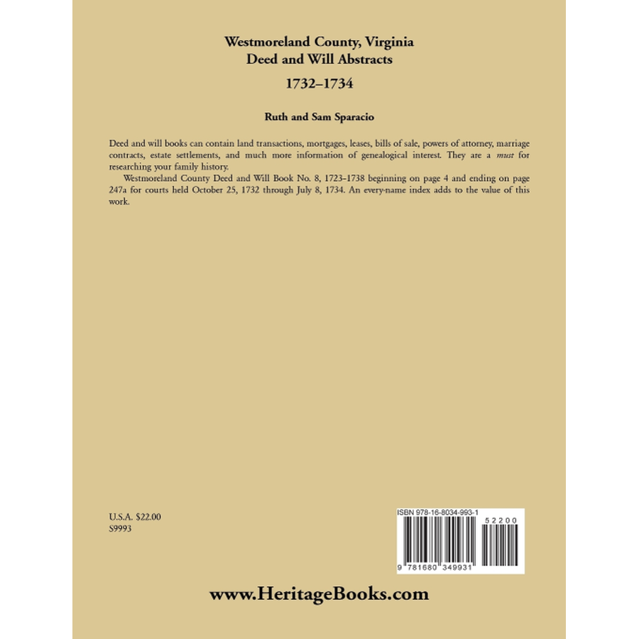 back cover of Westmoreland County, Virginia Deed and Will Book Abstracts 1732-1734