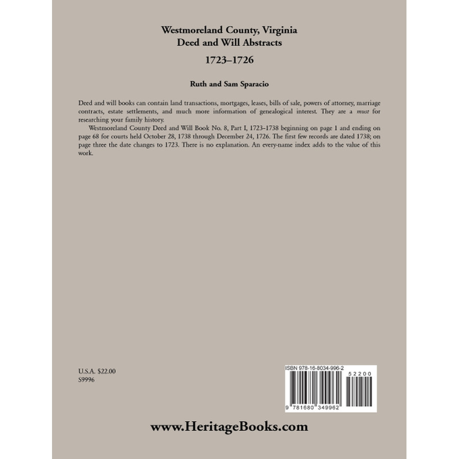 Westmoreland County, Virginia Deed and Will Book Abstracts 1723-1726 back cover