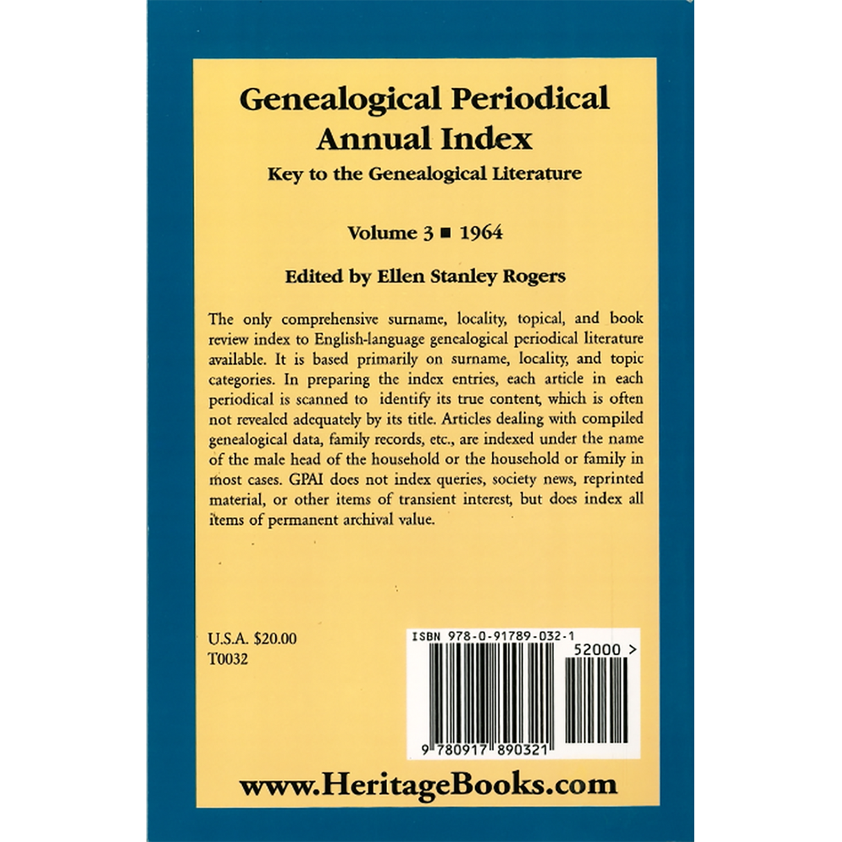 Genealogical Periodical Annual Index, Volume 3 (1964): Key to the Genealogical Literature back cover