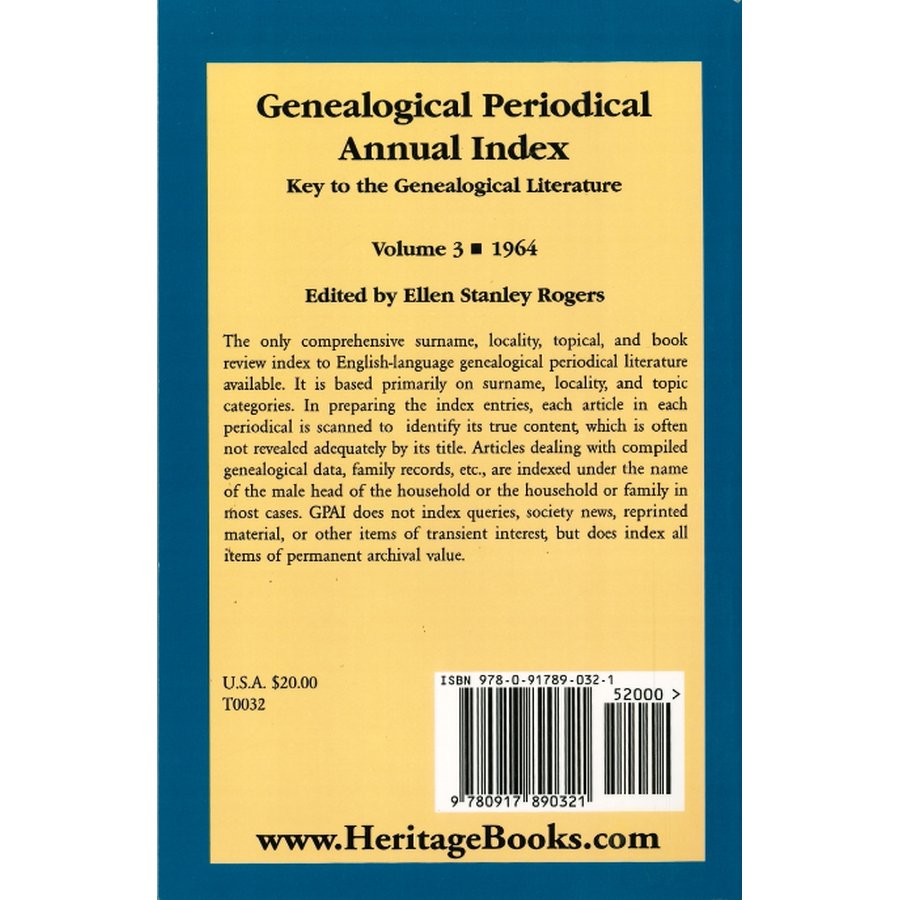 Genealogical Periodical Annual Index, Volume 3 (1964): Key to the Genealogical Literature back cover