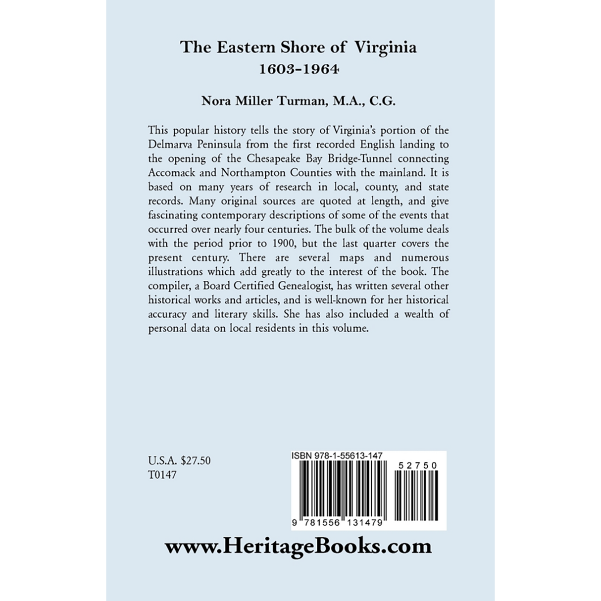 The Eastern Shore of Virginia, 1603-1964 back cover