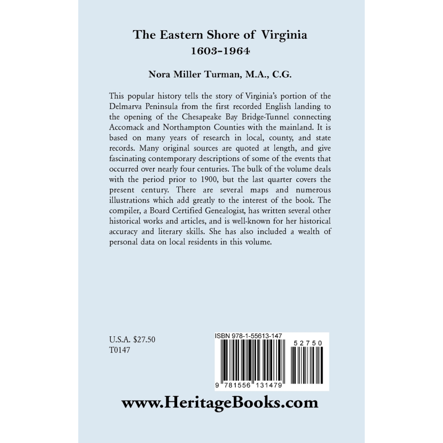 The Eastern Shore of Virginia, 1603-1964 back cover