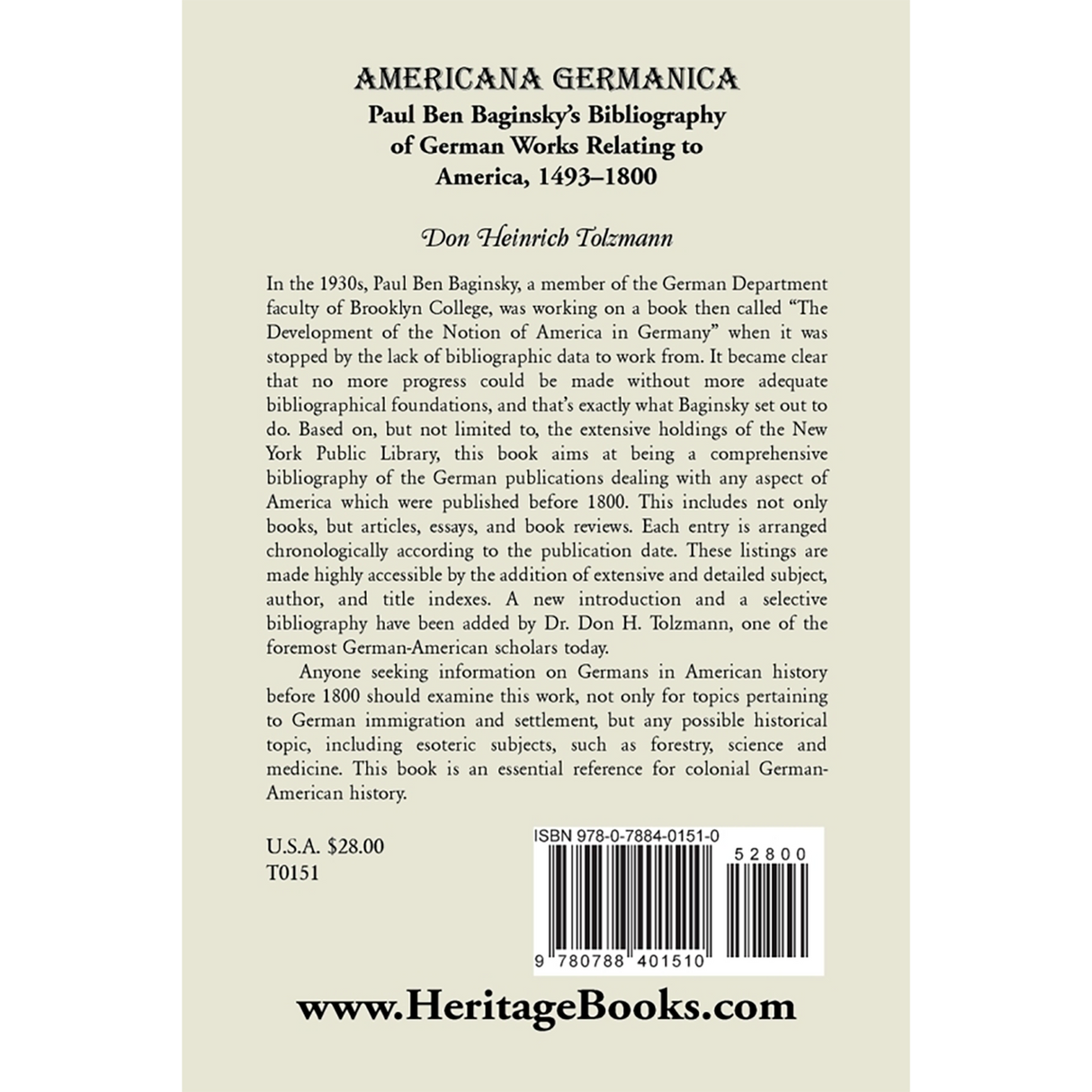 Americana Germanica: Paul Ben Baginsky's Bibliography of German Works Relating to America, 1493-1800 back cover