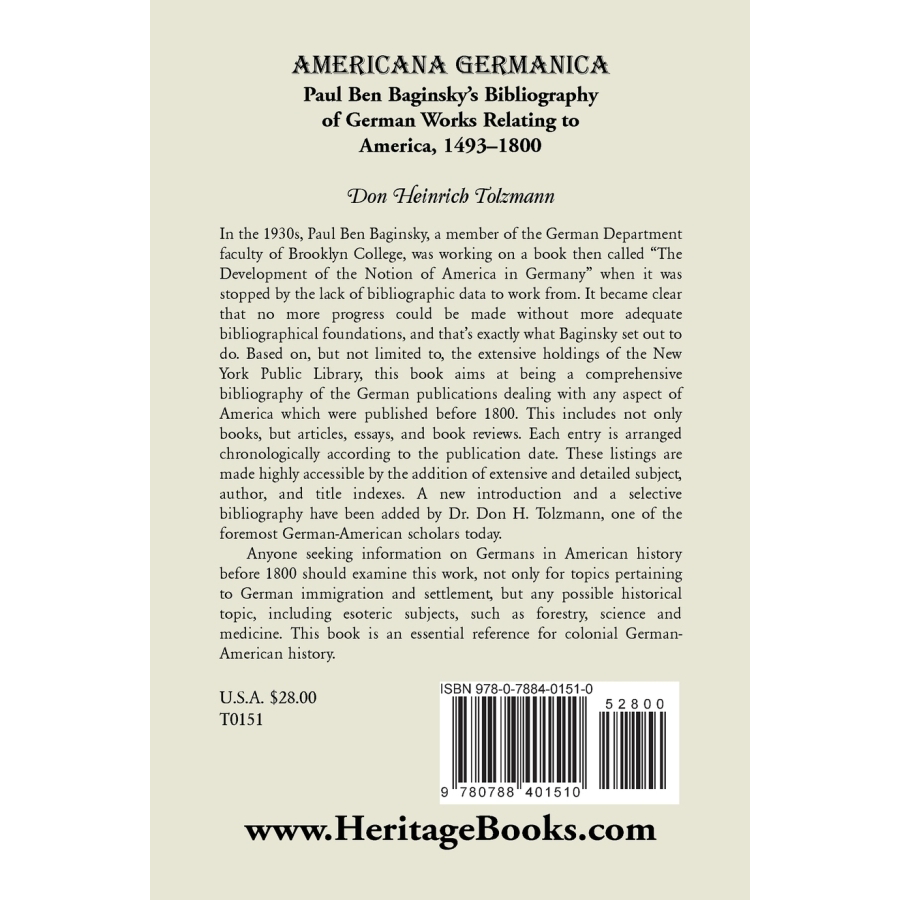 back cover of Americana Germanica: Paul Ben Baginsky's Bibliography of German Works Relating to America, 1493-1800