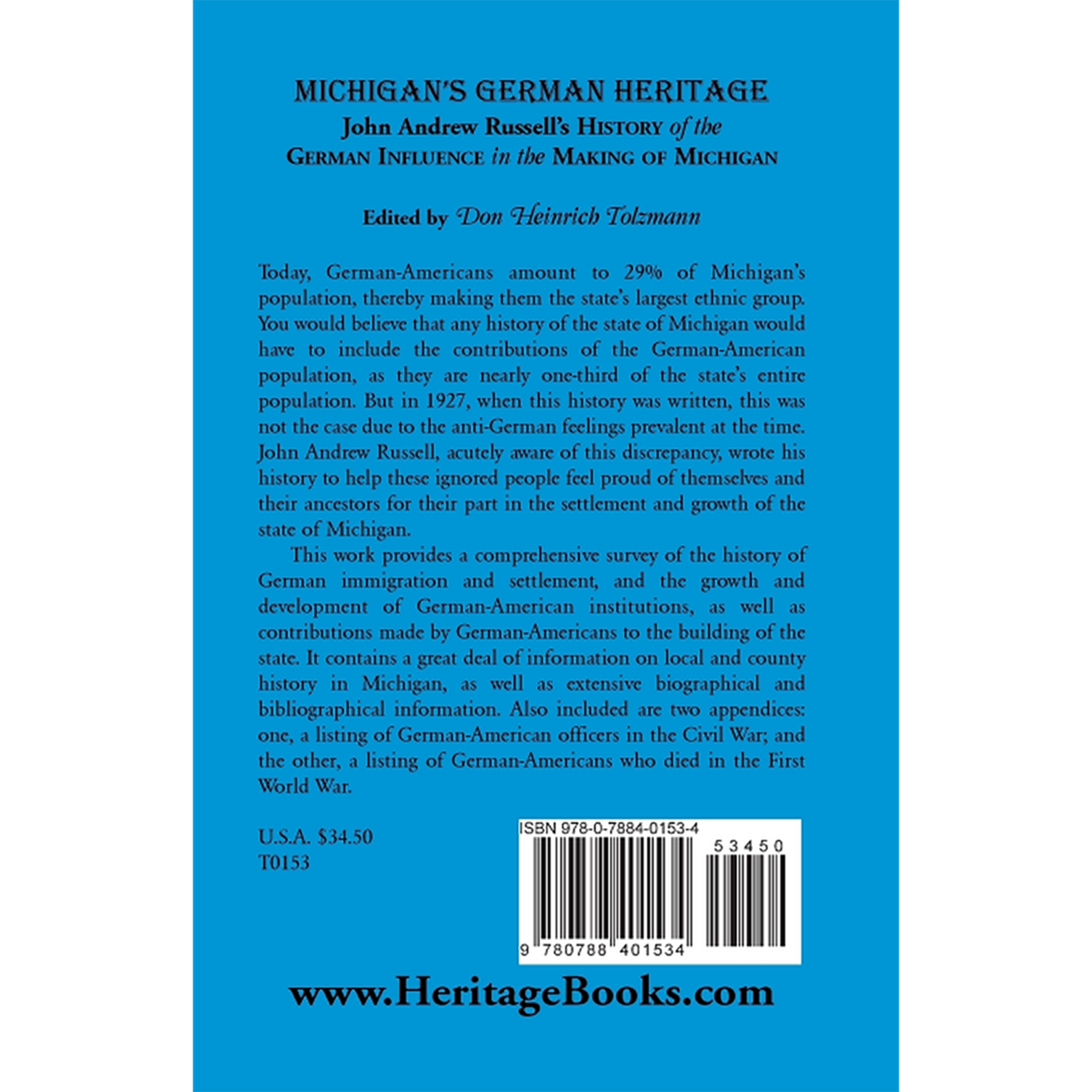 Michigan's German Heritage: John Andrew Russell's History of the German Influence in the Making of Michigan back cover