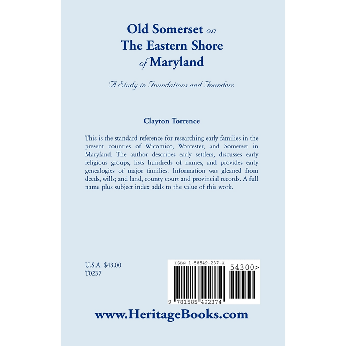 Old Somerset on the Eastern Shore of Maryland: A Study in Foundations and Founders back cover