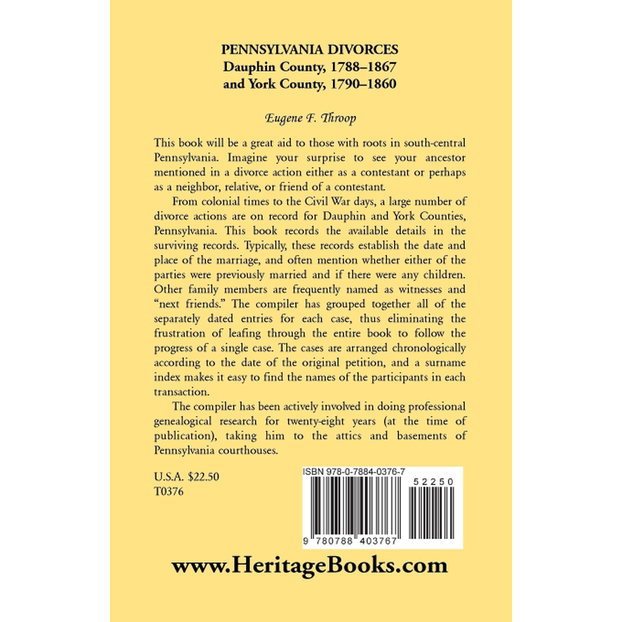 back cover of Pennsylvania Divorces: Dauphin County, 1788-1867 and York County, 1790-1860