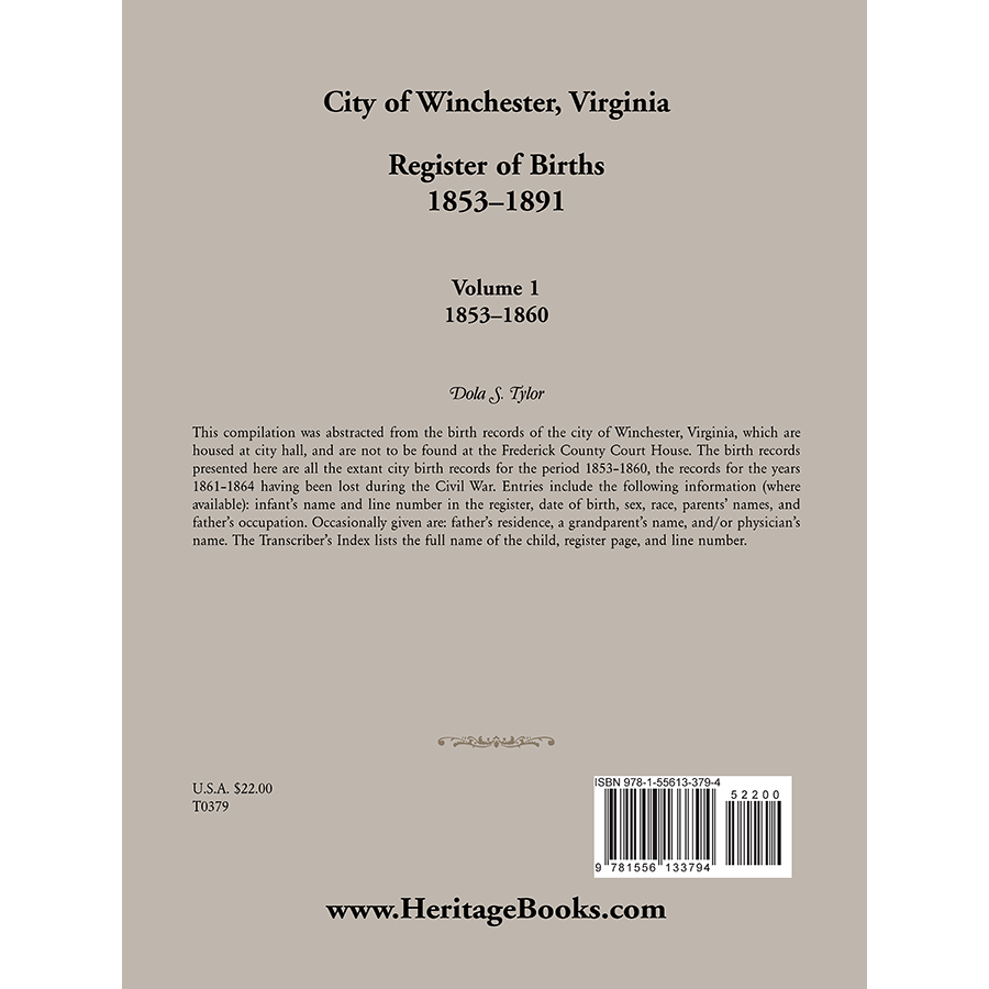 City of Winchester, Virginia Register of Births, 1853-1891: Volume 1, 1853-1860 back cover