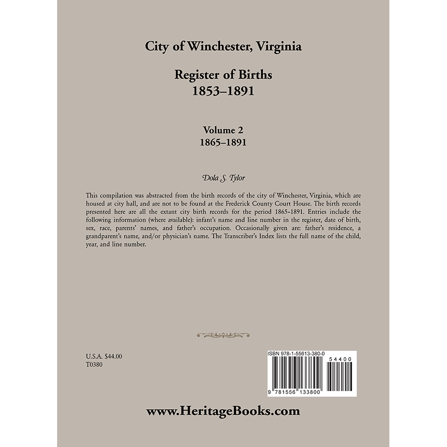 City of Winchester, Virginia Register of Births, 1853-1891: Volume 2, 1865-1891 back cover