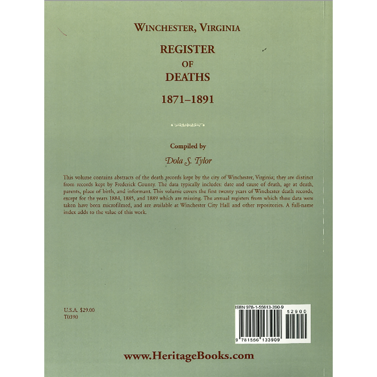 Winchester, Virginia Register of Deaths, 1871-1891 back cover