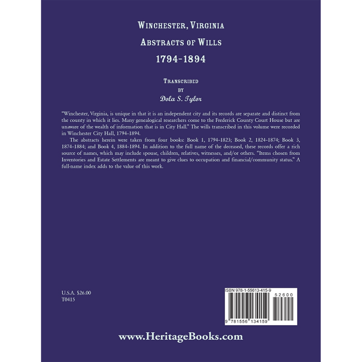 Winchester, Virginia Abstracts of Wills 1794-1894 back cover