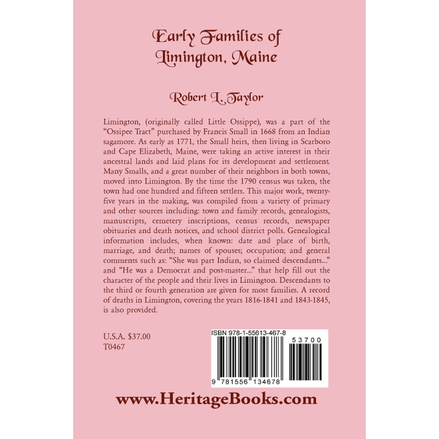 back cover of Early Families of Limington, Maine