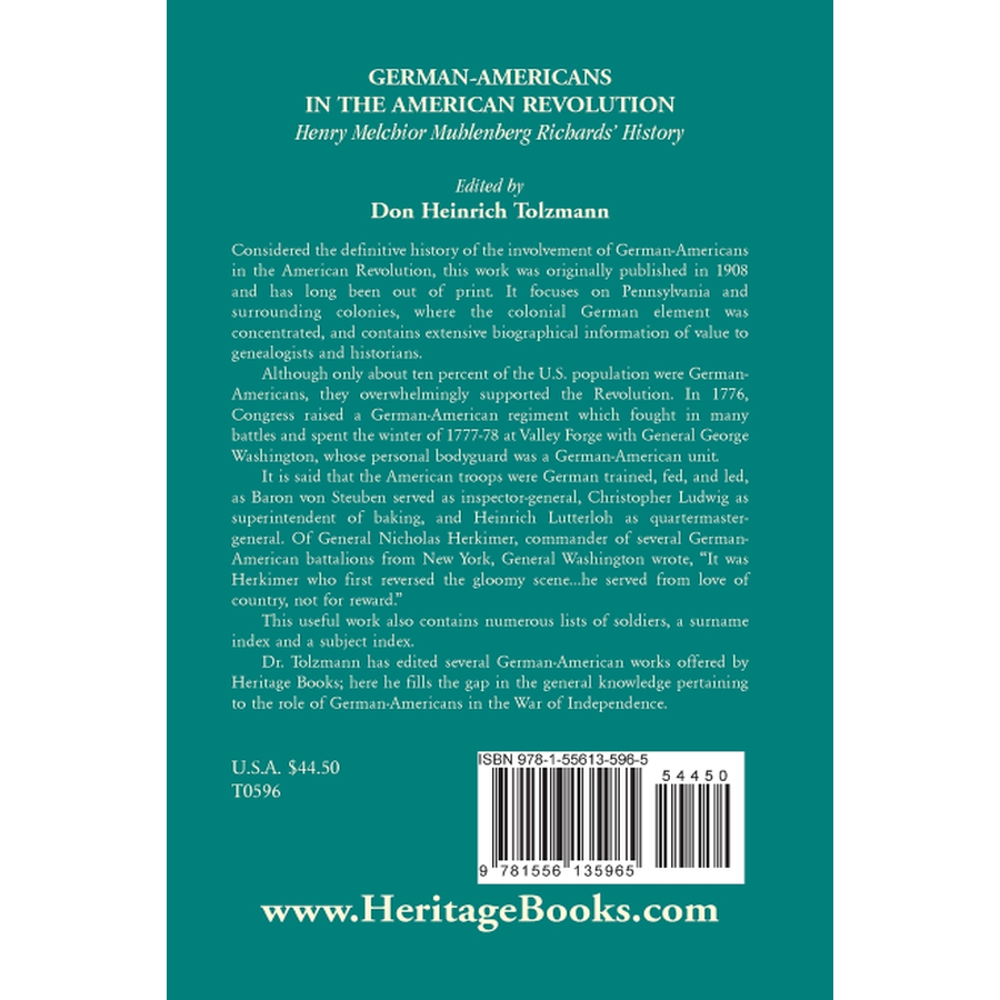 back cover of German Americans in the Revolution: Henry Melchoir Muhlenberg Richards' History