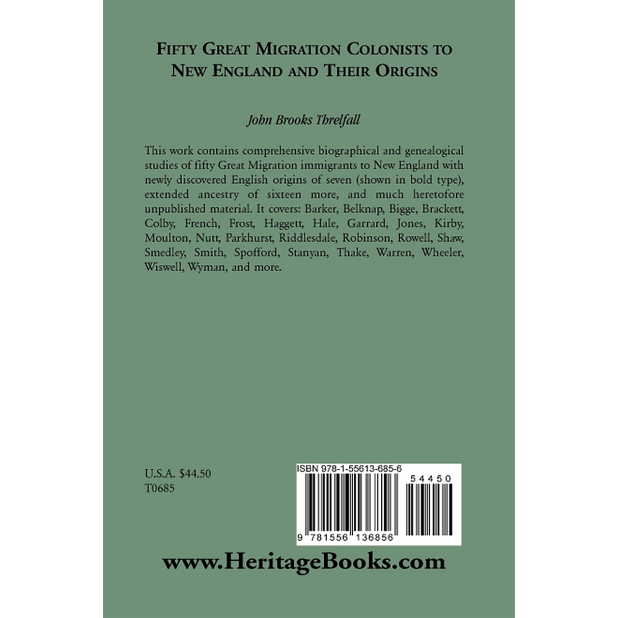 Fifty Great Migration Colonists to New England and Their Origins back cover
