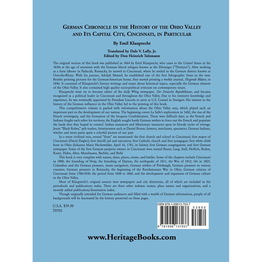 German Chronicle in the History of the Ohio Valley and its Capital City, Cincinnati, in Particular back cover