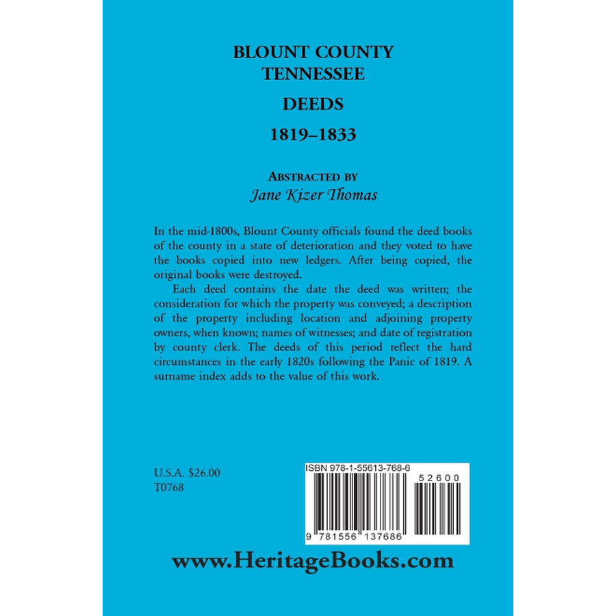 back cover of Blount County, Tennessee Deeds 1819-1833