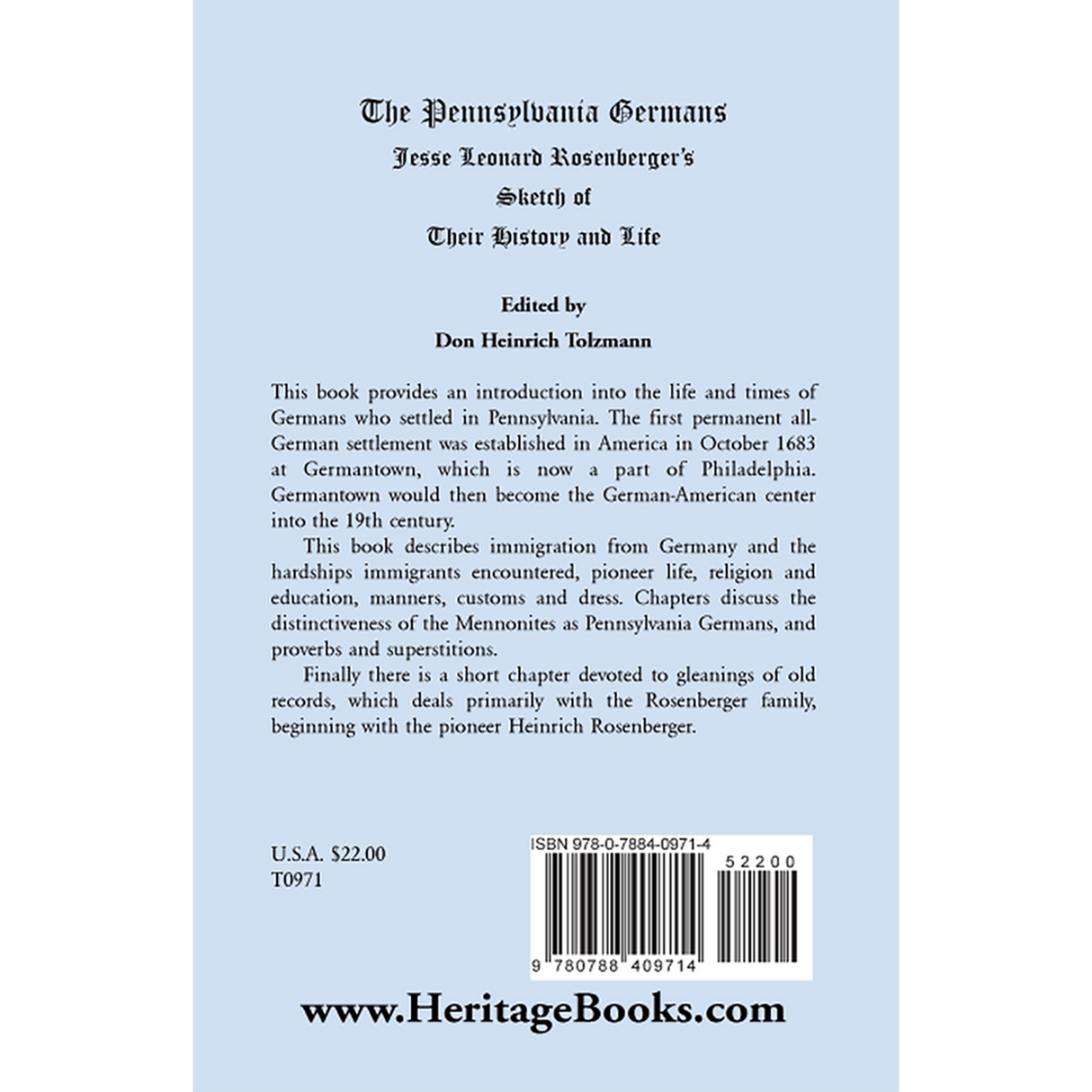 The Pennsylvania Germans: Jesse Leonard Rosenberger's Sketch of Their History and Life back cover