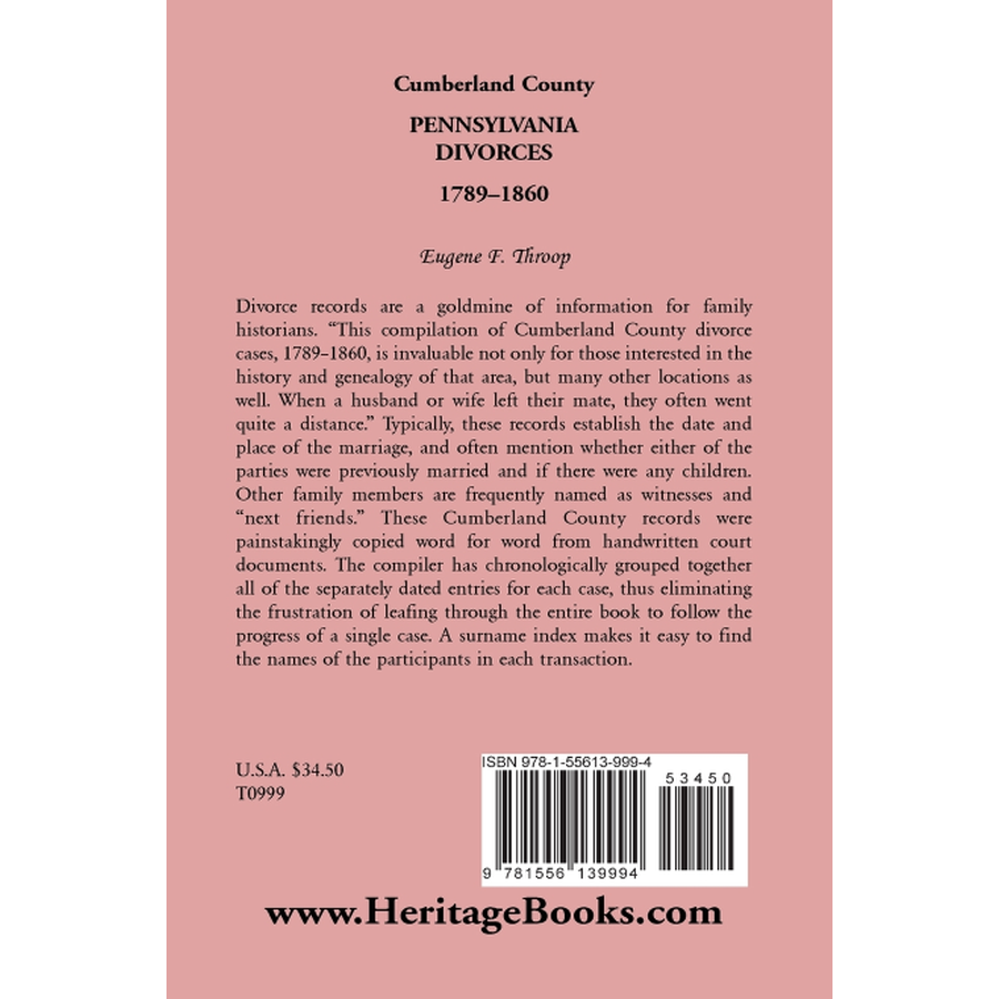 back cover of Cumberland County, Pennsylvania, Divorces, 1789-1860