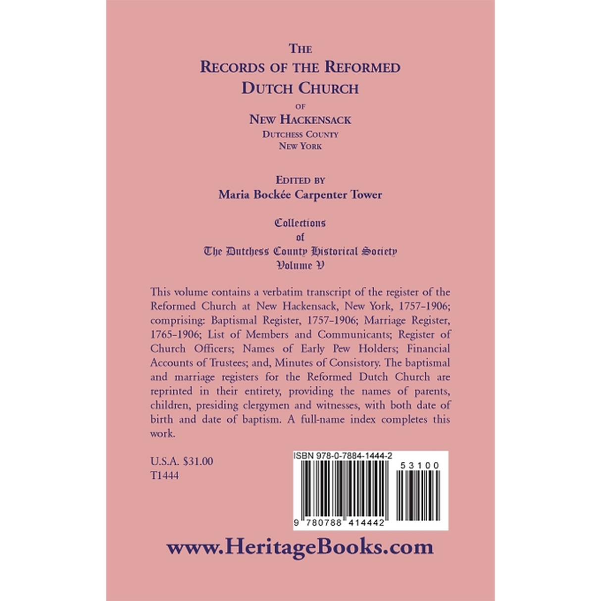 The Records of the Reformed Dutch Church of New Hackensack, Dutchess County, New York back cover